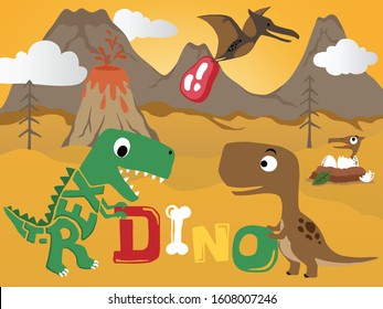vector cartoon of dinosaurs with alphabets on volcanoes background, prehistoric elements