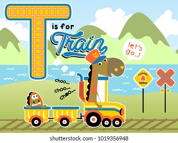 Vector cartoon of dinosaurs on steam train, railway elements on landscape background 