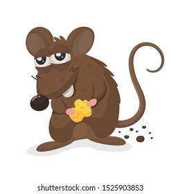 Vector cartoon dirty mouse with cheese cubes.