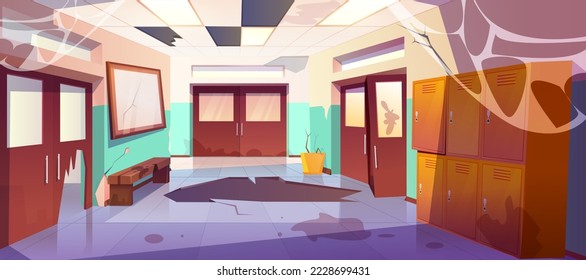 Vector cartoon dirty school hallway interior with broken lockers, classroom doors, garbage and crack in floor. Empty abandoned university or college corridor with mess, broken ceiling and spiderweb.