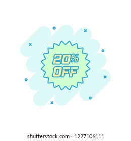 Vector cartoon discount sticker icon in comic style. Sale tag illustration pictogram. Promotion 20 percent discount splash effect concept.