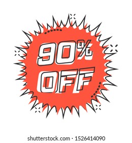 Vector cartoon discount sticker icon in comic style. Sale tag illustration pictogram. Promotion 90 percent discount splash effect concept.
