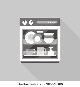 vector cartoon dishwasher / flat style image, long shadow, icon template, drawing / clean grey tone  
