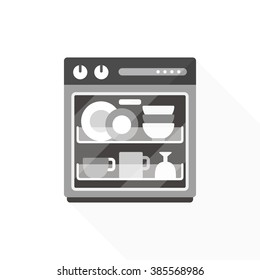 vector cartoon dishwasher / flat style image, long shadow, icon template, drawing / grey tone, isolated on white background 