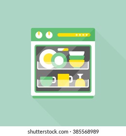 vector cartoon dishwasher / flat style image, long shadow, icon template, drawing / duotone design, green and yellow