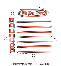 Vector cartoon to do list icon in comic style. Checklist, task list sign illustration pictogram. To-do list business splash effect concept.