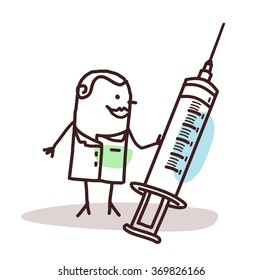 vector cartoon doctor with big syringe