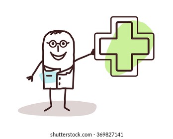 vector cartoon doctor with drugstore sign