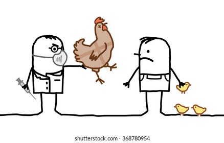 Vektorgrafik-Arzt und Mann mit krankem Huhn und Vogelgrippe