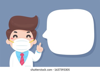 Vector cartoon doctor raised his hand up Teach how to wear a dust mask to prevent PM2.5 dust and empty message boxes.