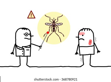 vector cartoon doctor with sick man, mosquito and Dengue