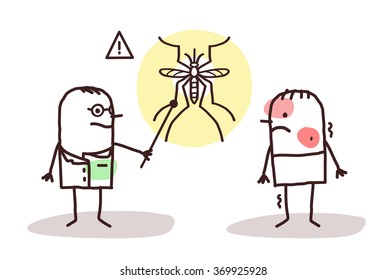 vector cartoon doctor with sick man and Dengue mosquito