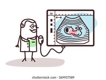 vector cartoon doctor with ultrasound monitor