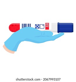 Médicos de dibujos animados vectores entregan con sangre y guante azul el tubo de prueba. Concepto médico sobre el SIDA y la infección por el VIH.