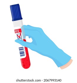 Vector cartoon doctors hand in blue glove holding test tube with blood. Fighting AIDS and HIV.