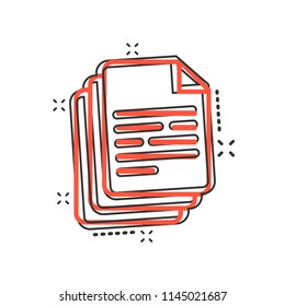Vector cartoon document icon in comic style. Paper sheet sign illustration pictogram. Document business splash effect concept.