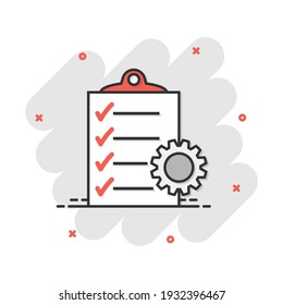 Vector cartoon document icon in comic style. Project management sign illustration pictogram. To do list with gear business splash effect concept.