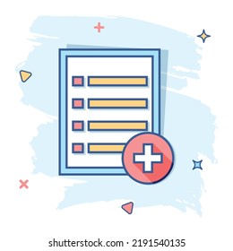 Vector cartoon document icon in comic style. Paper page sign illustration pictogram. Note business splash effect concept.