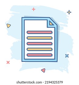 Vector cartoon document icon in comic style. Paper page sign illustration pictogram. Note business splash effect concept.