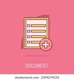 Vector cartoon document icon in comic style. Paper page sign illustration pictogram. Note business splash effect concept.