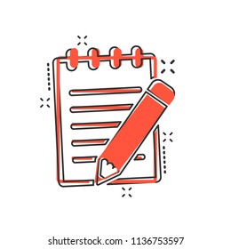 Vector cartoon document with pencil icon in comic style. Note with pen sign illustration pictogram. Notebook business splash effect concept.