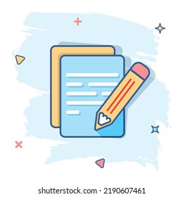 Vector cartoon document with pencil icon in comic style. Note with pen sign illustration pictogram. Notebook business splash effect concept.