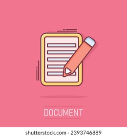 Vector cartoon document with pencil icon in comic style. Note with pen sign illustration pictogram. Notebook business splash effect concept.