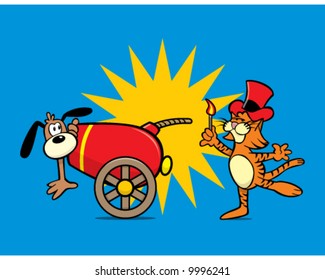 vector of cartoon dog about to be shot out of a cannon by a cat