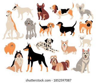 Vector cartoon dog breeds. Cute doodle illustration. Set of different dogs character