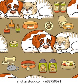 Vector cartoon dog and cat. Seamless pattern on grey background.