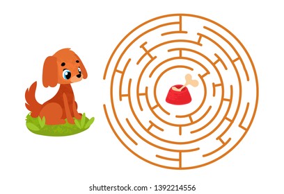 Vector cartoon dog in children`s style. Vector illustration for children's books. Labyrinth. Educational game for children.