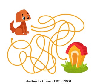 Vector cartoon dog in children`s style. Vector illustration for children's books. Labyrinth. Educational game for children.