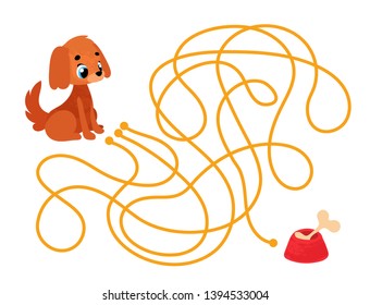 Vector cartoon dog in children`s style. Vector illustration for children's books. Labyrinth. Educational game for children.