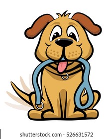 Vector cartoon dog expectantly waiting for a walk with a leash in its mouth