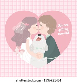 vector cartoon dog and married couple kissing in heart plaid pattern background