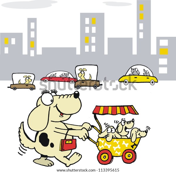 Vector cartoon
of dog with puppies in
stroller.