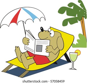 Vector cartoon of dog relaxing on deckchair with newspaper and drink.