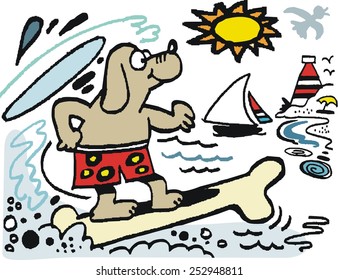 Vector cartoon of dog surfing on bone surfboard with beach and lighthouse in background.
