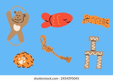 Vector cartoon dog toys - monkey, ball, fish, bricks, rope. Can use for dog pet supplies banner, poster, print design.