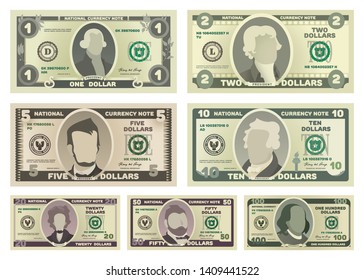 Vector cartoon dollar banknotes isolated on white background illustration. Every denomination of US currency note. svg