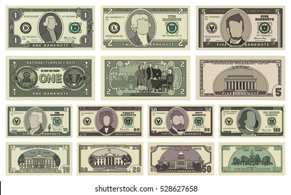 Vector cartoon dollar banknotes isolated on white background illustration. Every denomination of US currency note. Back sides of money bills - Shutterstock ID 528627658