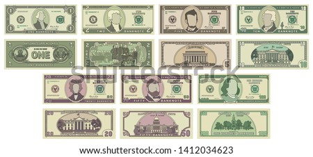 Vector cartoon dollar banknotes isolated on white background illustration. Every denomination of US currency note. Back sides of money bills