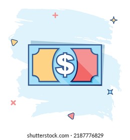 Vector cartoon dollar money icon in comic style. Dollar sign illustration pictogram. Currency business splash effect concept.