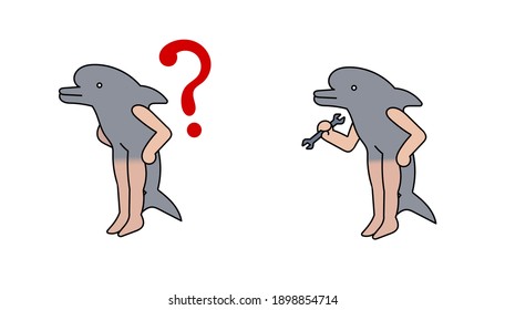 Delfín vectorial de dibujos animados con piernas y brazos humanos con signo de interrogación y llave sobre fondo blanco. Técnico, TI, ilustración mecánica