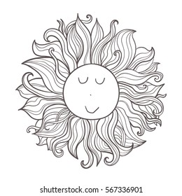 Vector cartoon doodle celestial illustration. Hand drawn cute funny character sun.