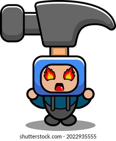 vector cartoon doodle character cute hammer tool mascot costume with angry expression