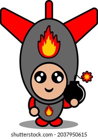 caricatura vectorial doodle lindo personaje mascota bomba nuclear disfraz sostiene bomba