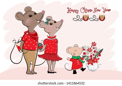 Vector of cartoon doodle cute mouse family with long tail carrying gift box with flowers pot, Year of rat, Lettering of happy Chinese new year 2020. Vector template for Greeting card or Banner