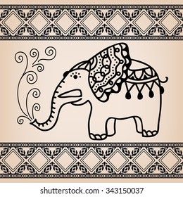 Vector cartoon doodle elephant with tribal ethnic ornamental border, isolated elements for scrapbook, invitation or greeting card design