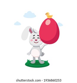 Vector cartoon doodle flat kid's illustration of easter rabbit, bunny, hare holding painted egg with bird on it. Easter character, mascot. Easter illustration, postcard, banner, poster, sticker